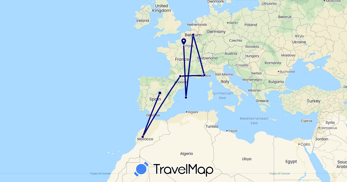 TravelMap itinerary: driving in Belgium, Spain, France, Morocco (Africa, Europe)